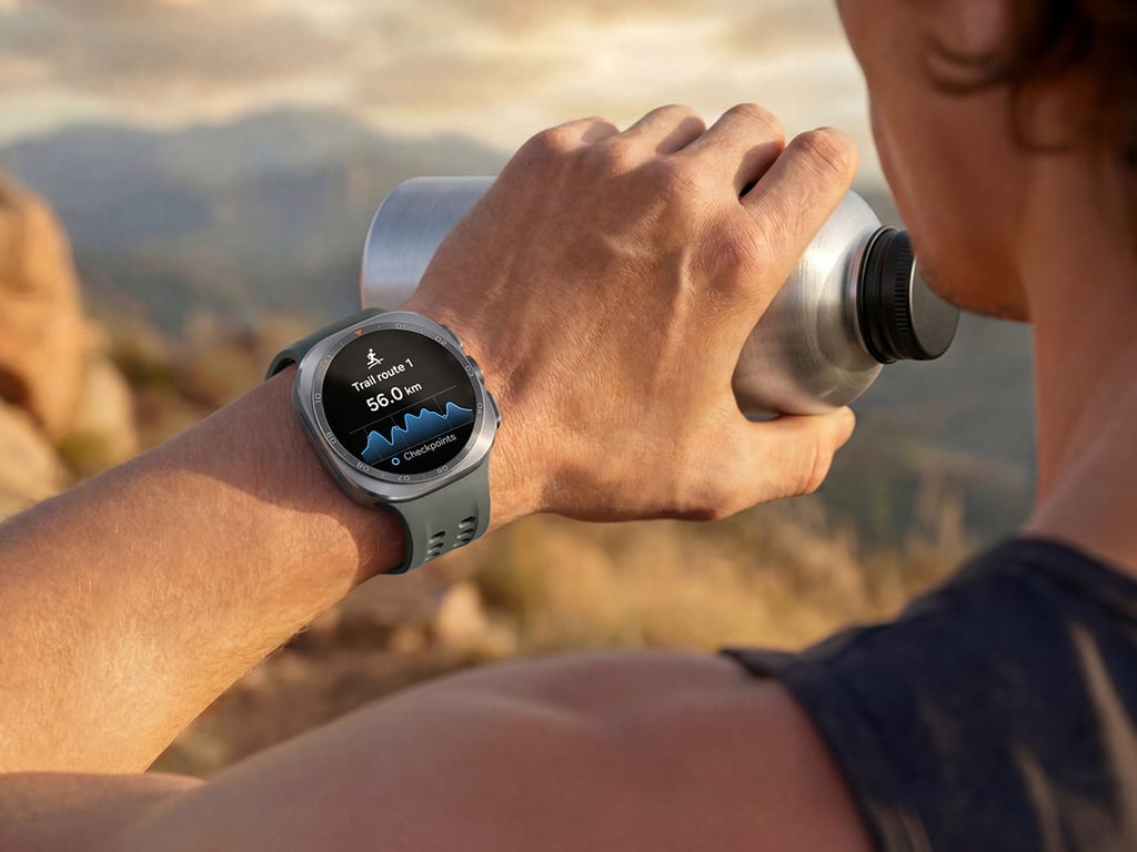 Person på fjelltur drikker vann, med Galaxy Watch Ultra2 som viser en Trail Run-rute på 56 kilometer