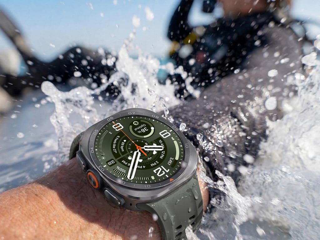 Samsung Galaxy Watch Ultra2 i vannsprut på håndleddet til en dykker i våtdrakt