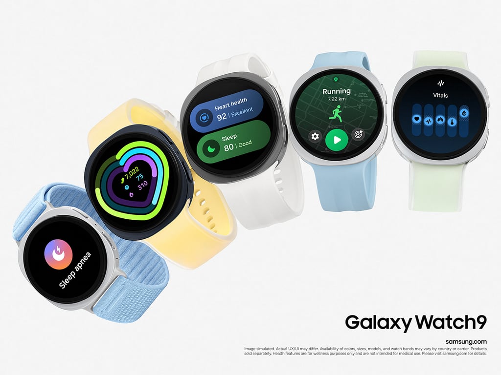 Fem Galaxy Watch9 i ulike farger som viser helsefunksjoner som søvnapné, hjertehelse og løping