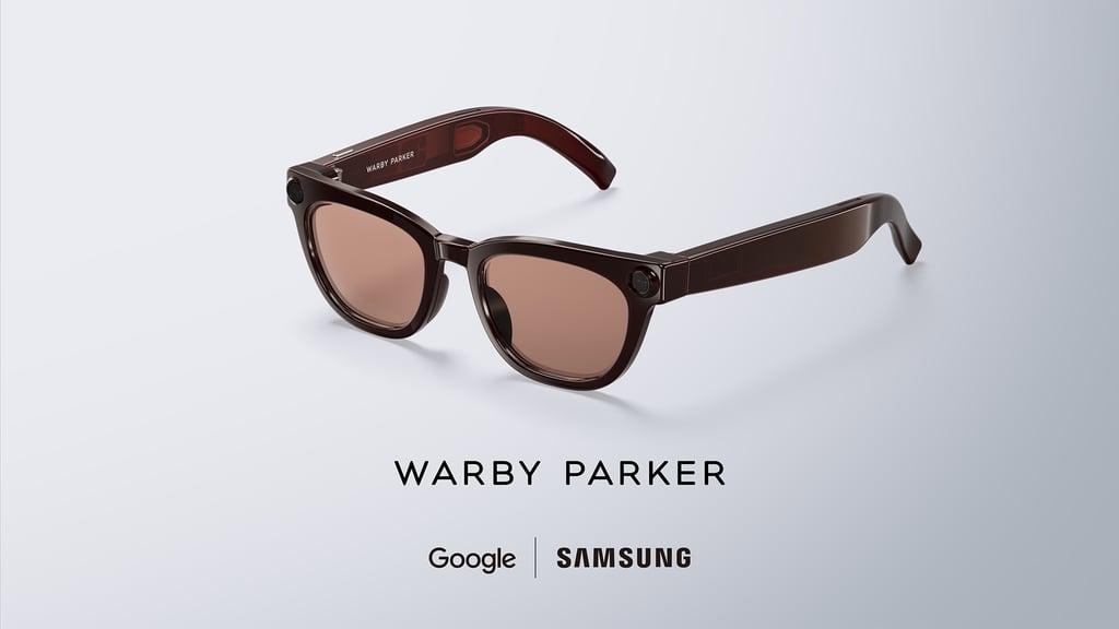 Warby Parker-utgaven av Samsungs smarte briller i brun innfatning