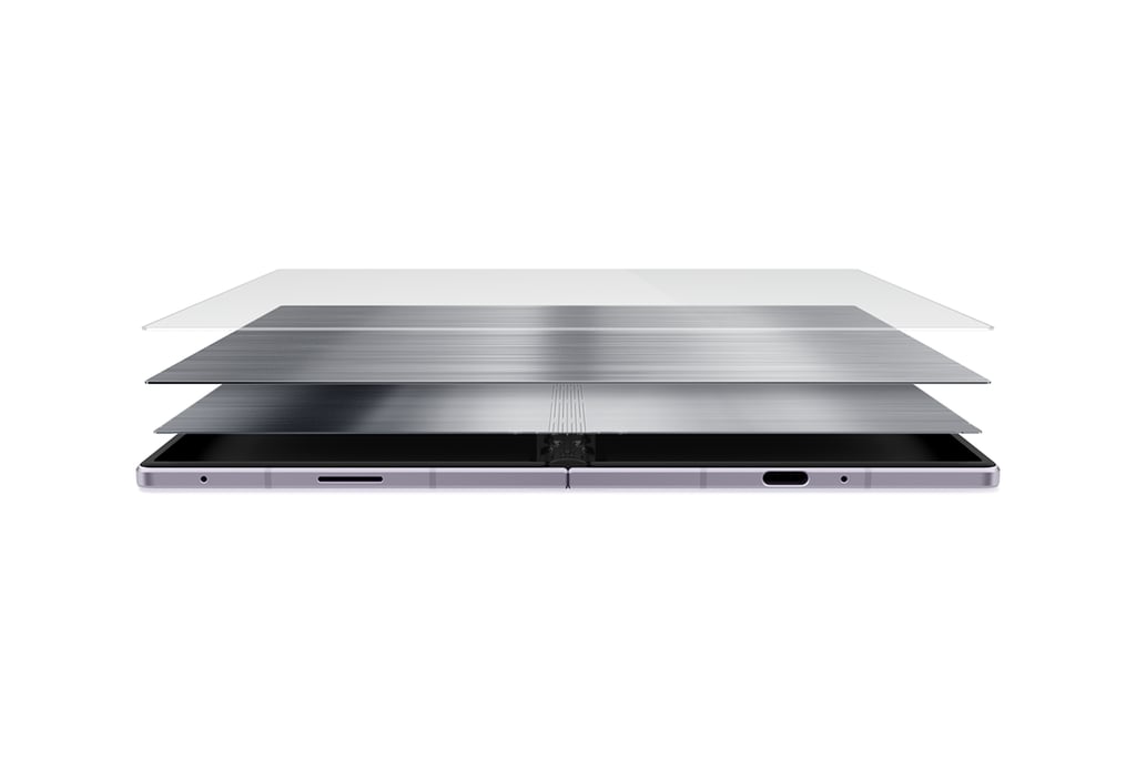 Nærbilde av det nye Flex Titanium-hengselet på Samsung Galaxy Z Fold8 Ultra