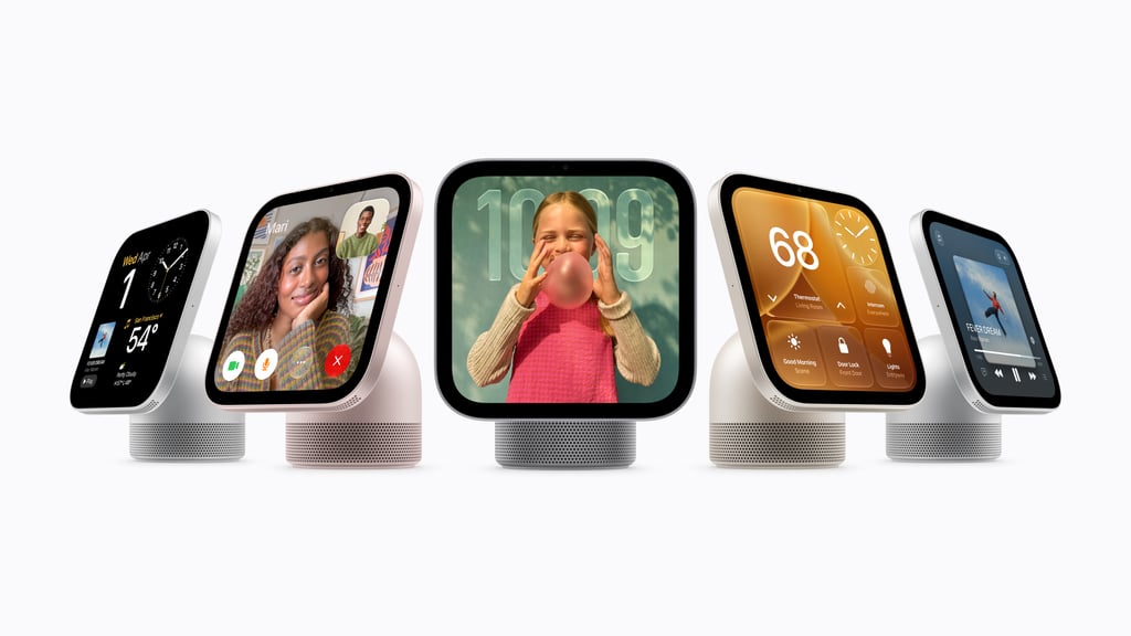 Fem Apple HomeView i ulike farver og utgaver mot hvit bakgrunn