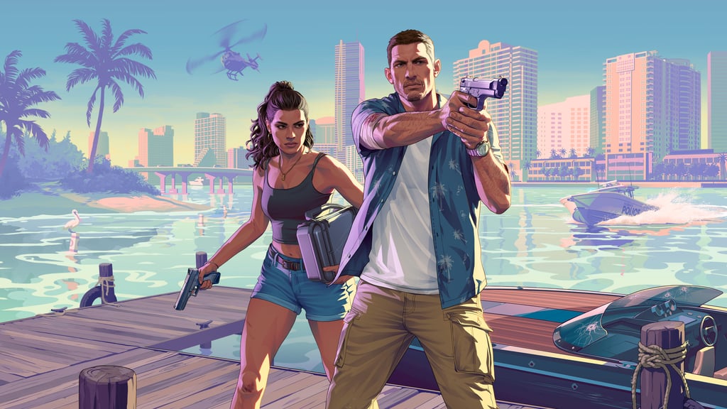 Lucia Caminos og Jason Duval på en brygge i Vice City, med politibåt i bakgrunnen