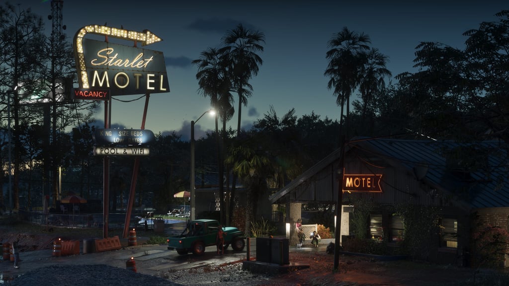 Neonskilt for Starlet Motel i skumringen