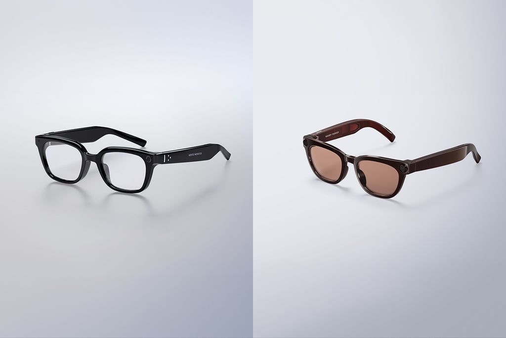 Samsungs smarte briller i to design: Sort Gentle Monster og brun Warby Parker side om side