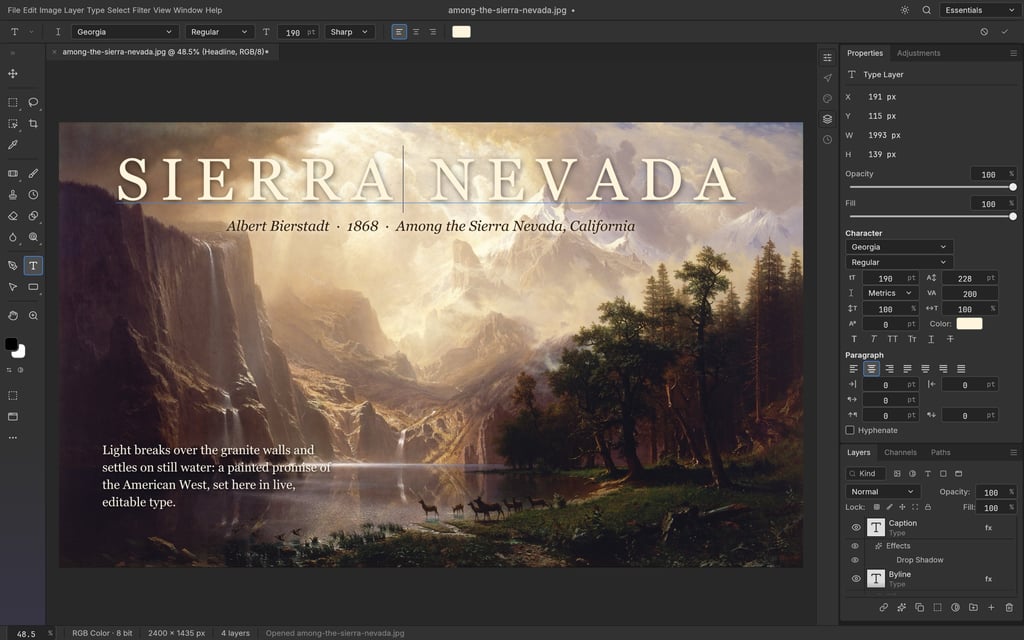 PhotoCraft med overskriften Sierra Nevada satt over et landskapsmaleri og tegnpanelet åpent