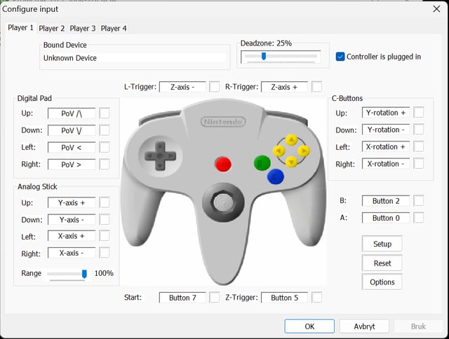 Kontrolleroppsettet i Project64 med knappene til en Nintendo 64-kontroller fordelt på en moderne kontroller