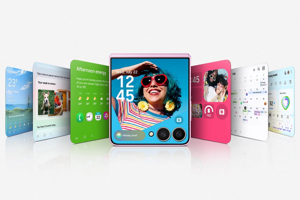 Samsung Galaxy Z Flip8 halvt sammenslått med apper og FlexWindow på frontskjermen
