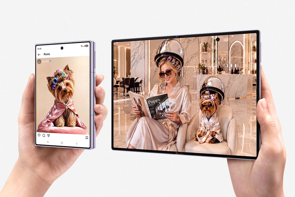 Samsung Galaxy Z Fold8 som viser skjermformatene tilpasset ulikt innhold på front- og hovedskjerm