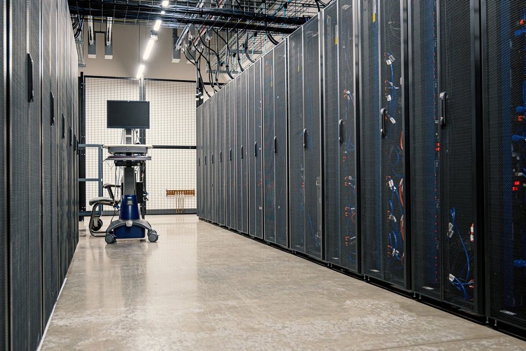 Serverracker i rekke i et moderne datasenter
