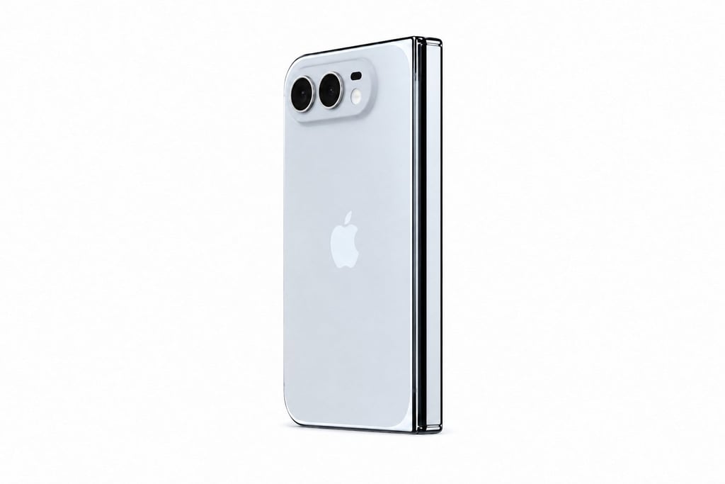 Sammenslått brettbar iPhone i hvitt, sett skrått bakfra mot hvit bakgrunn
