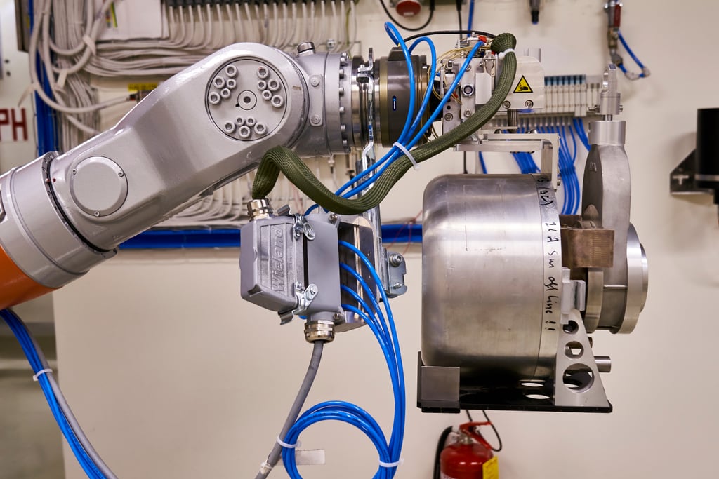 Gul KUKA-robotarm i industrielt testoppsett