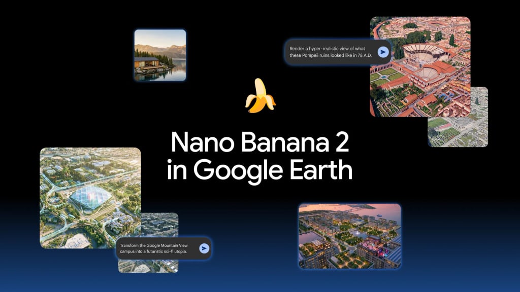 Googles lanseringsbilde for Nano Banana 2 i Google Earth med to eksempler på ledetekst og resultat
