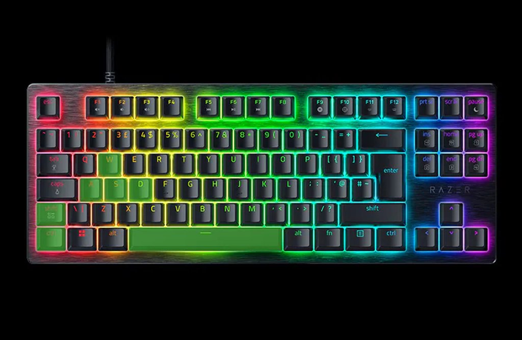 Razer Huntsman V3 HE sett rett ovenfra med regnbuefarget belysning