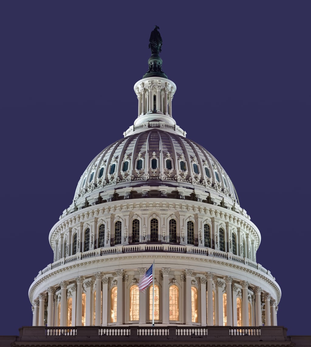 Kuppelen på Kongressbygningen i Washington sett fra vest en klar vinterdag
