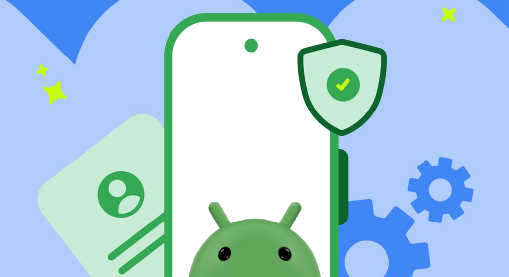 Googles illustrasjon av utviklerverifisering med Android-robot, telefon og sikkerhetsskjold