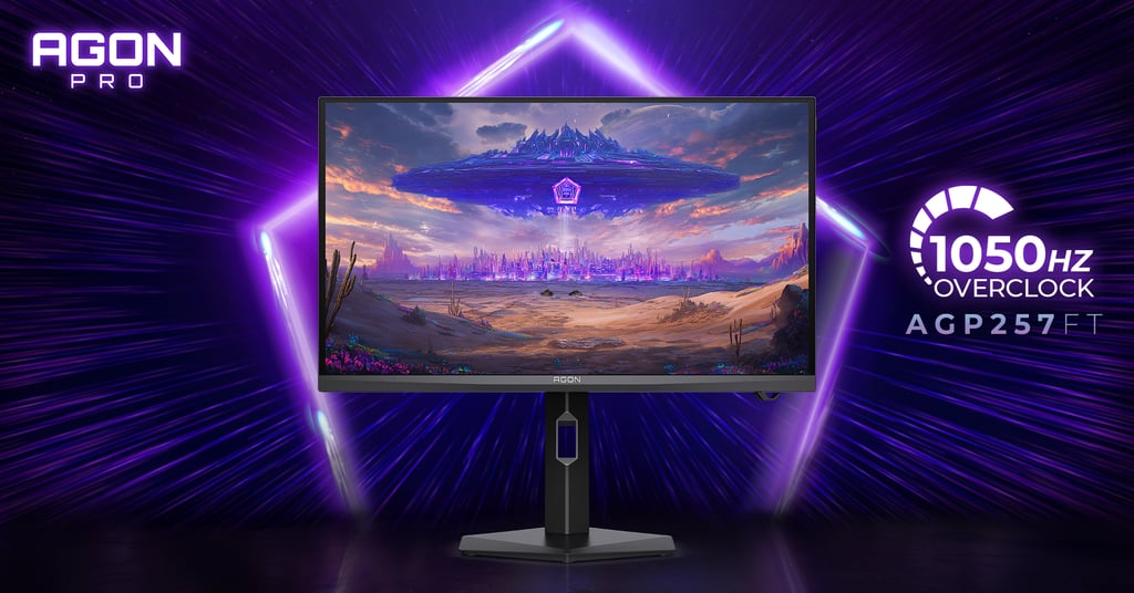 AOC AGON PRO AGP257FT foran lilla lysstriper, med teksten 1050 Hz overclock