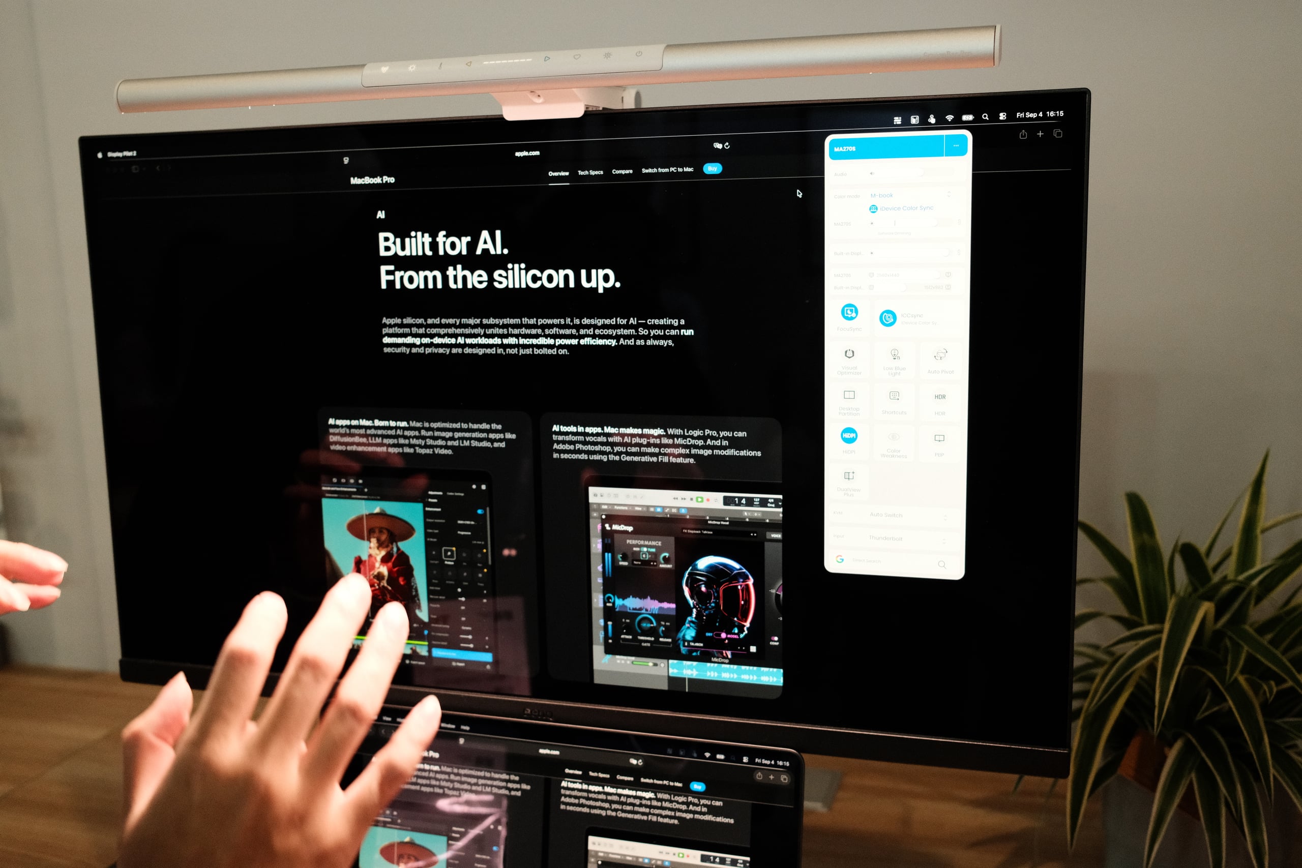 BenQ-skjerm med skjermmenyen flyttet inn i et vindu i macOS
