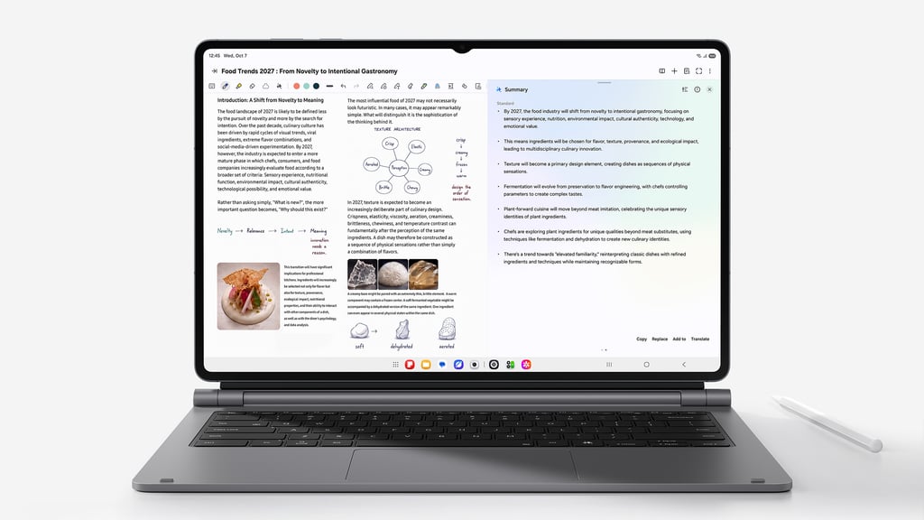 Galaxy Tab S12 Ultra festet i Pro Keyboard, med notater til venstre og et AI-sammendrag til høyre på skjermen