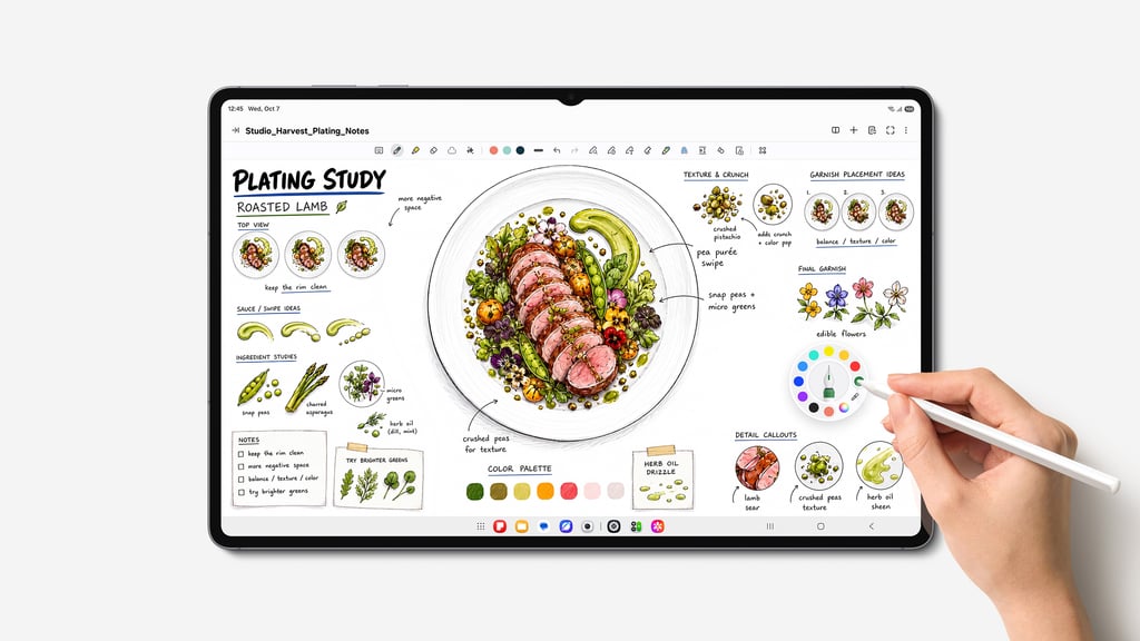 En hånd tegner med S Pen på Galaxy Tab S12, med skisser av en middagstallerken på skjermen