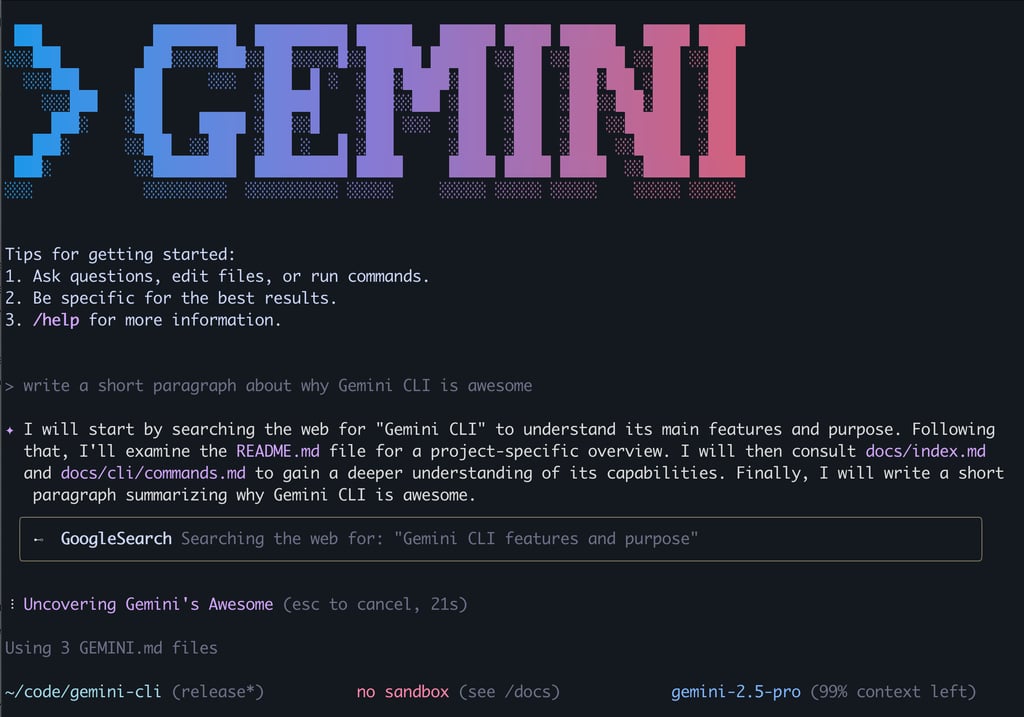 Gemini CLI kjører i et terminalvindu og skriver ut hva den gjør