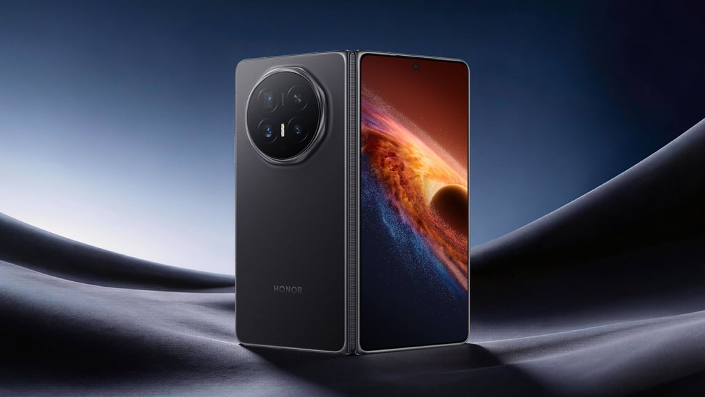 Honor Magic V6 i sort, vist både sammenbrettet bakfra og utbrettet med skjermen på
