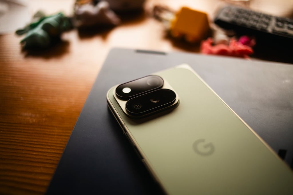 Baksiden av Google Pixel 11 Pro Fold i olivengrønt med kamerablokk, liggende på et bord