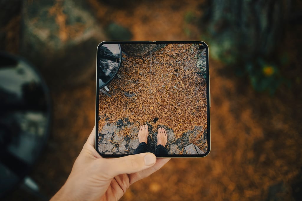 Google Pixel 11 Pro Fold utbrettet i hånden, sett ovenfra, med en skogbunn på skjermen
