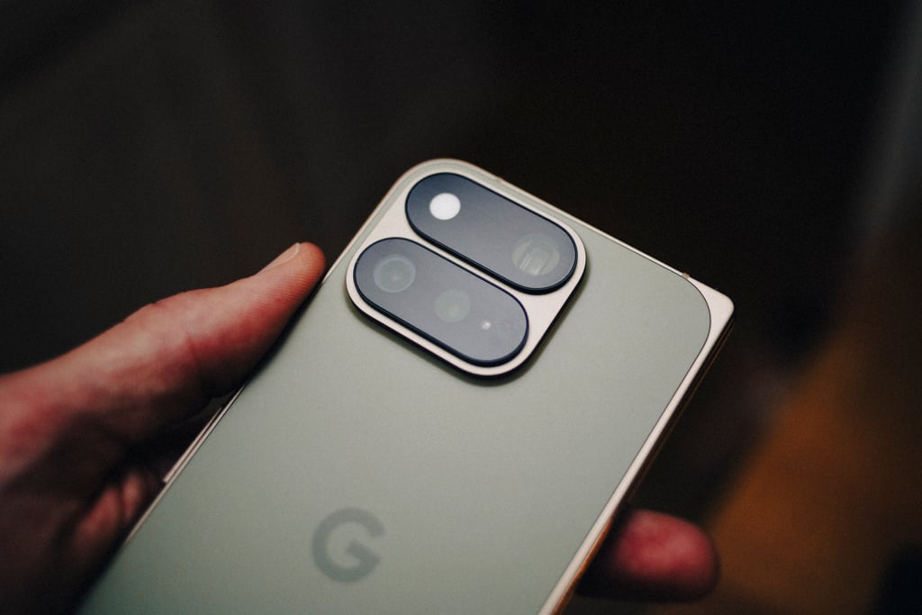 Baksiden av Google Pixel 11 Pro Fold med kamerablokken sett skrått ovenfra i en hånd