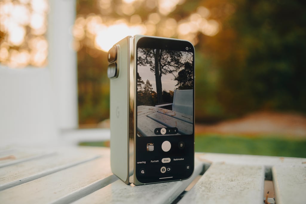 Google Pixel 11 Pro Fold står på et trebord som stativ med kamera-appen åpen på skjermen