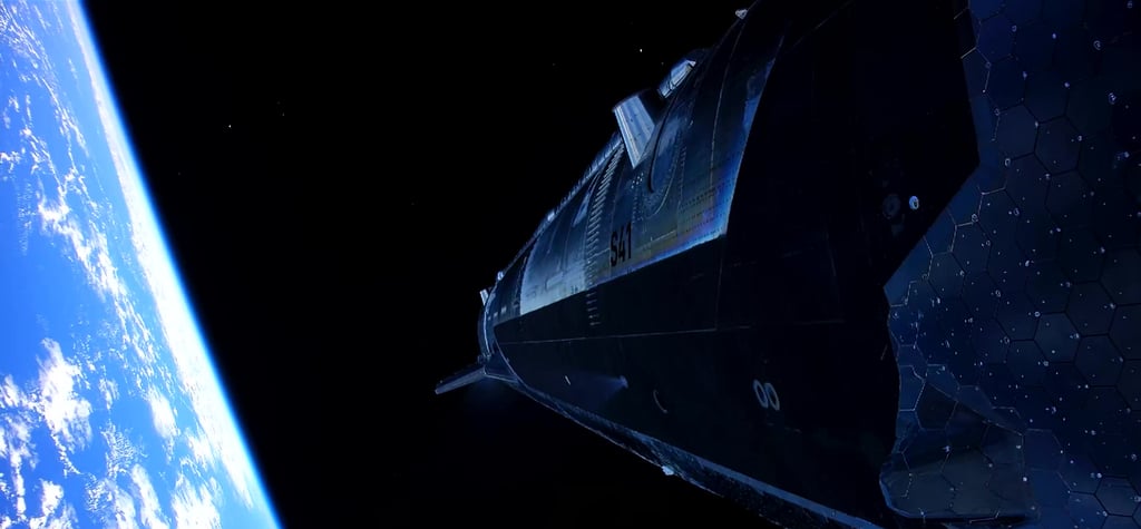 Starship-skipet S41 i verdensrommet, med jordkloden og skyer til venstre