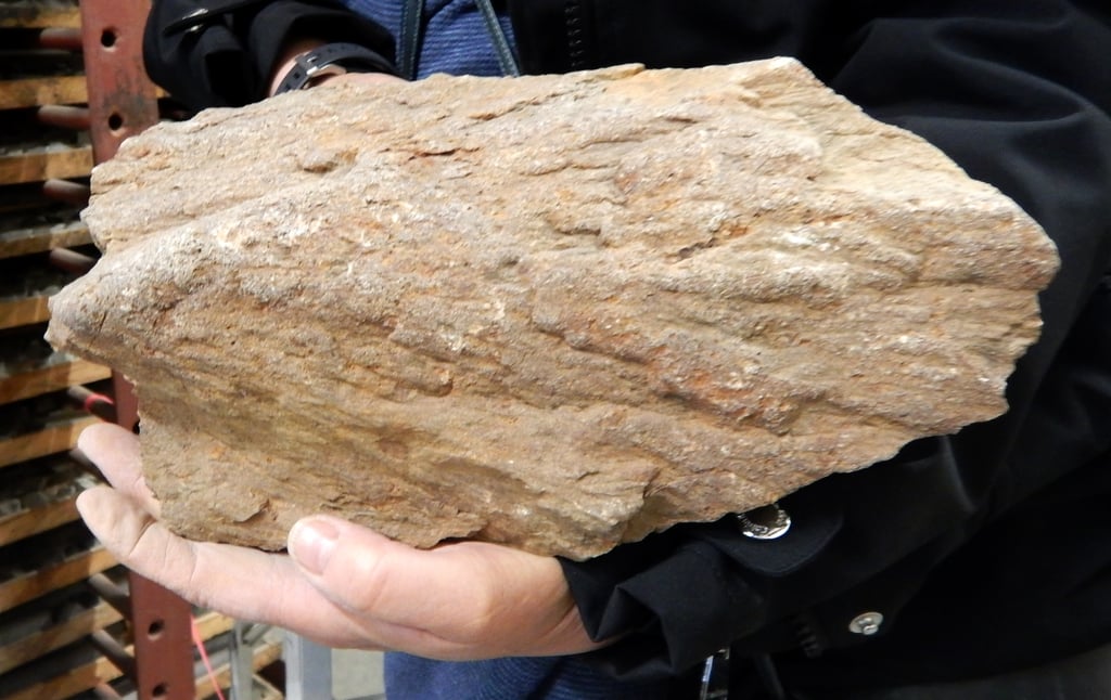 Grå stein med stripete, kjegleformede bruddmønstre fra et meteorittnedslag
