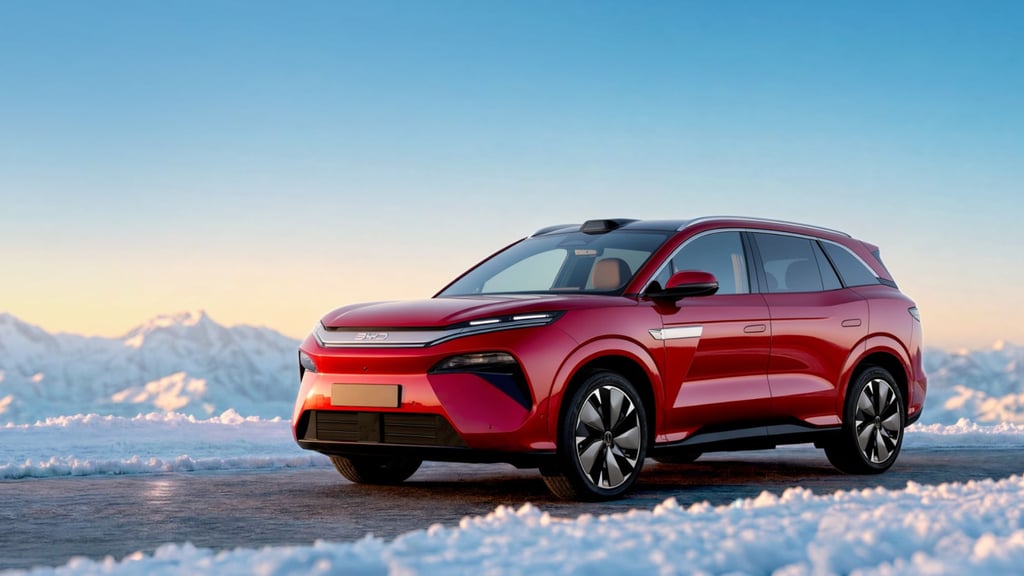 Rød BYD Atto 8 med syv seter står parkert i snølandskap, sett skrått forfra