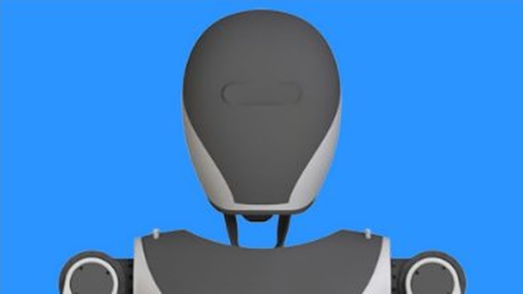 Datategning av det ovale, mørke hodet og skuldrene til en hvit og grå robot mot blå bakgrunn