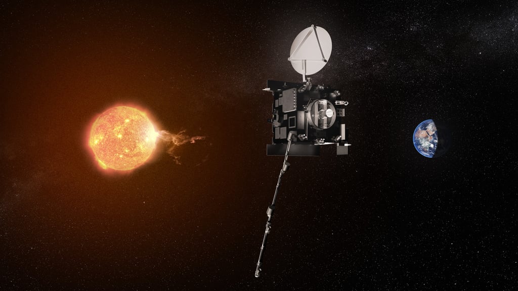 Illustrasjon av romværsatellitten Vigil i verdensrommet med solen i bakgrunnen