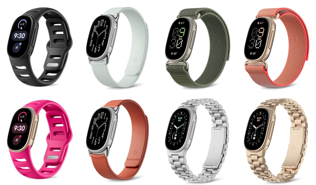 Åtte Fitbit Edge-armbånd med ulike reimer i sort, lysegrønt, grønt, rødt, rosa, brunt, sølv og gull