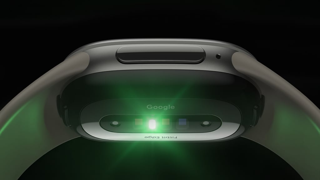 Undersiden av Fitbit Edge med grønt lys fra pulssensoren og Google-logo