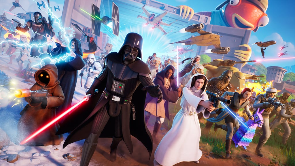 Darth Vader, prinsesse Leia og andre Star Wars-figurer i kamp sammen med Fortnite-figurer
