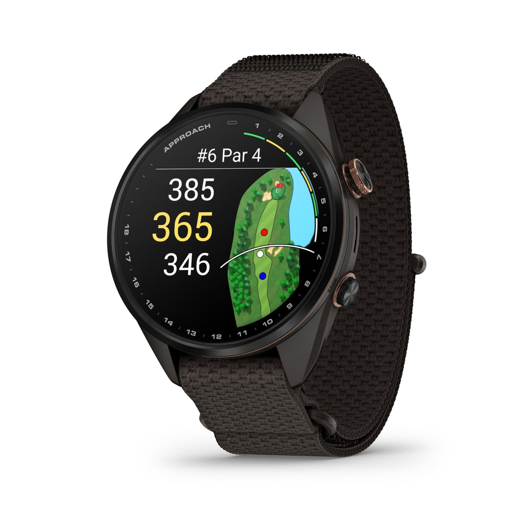 Garmin Approach S72 i sort med et kart over et par 4-hull og tre avstander på skjermen