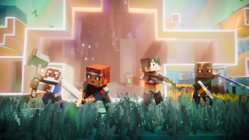 De fire heltene i Minecraft Dungeons II står klare med våpen i høyt gress