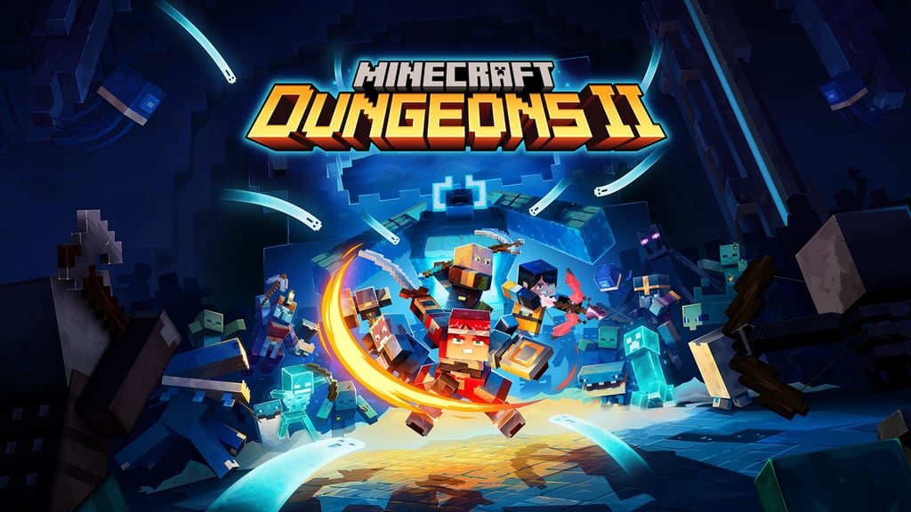 Offisiell plakat for Minecraft Dungeons II med fire helter som stormer mot en blå portal full av monstre