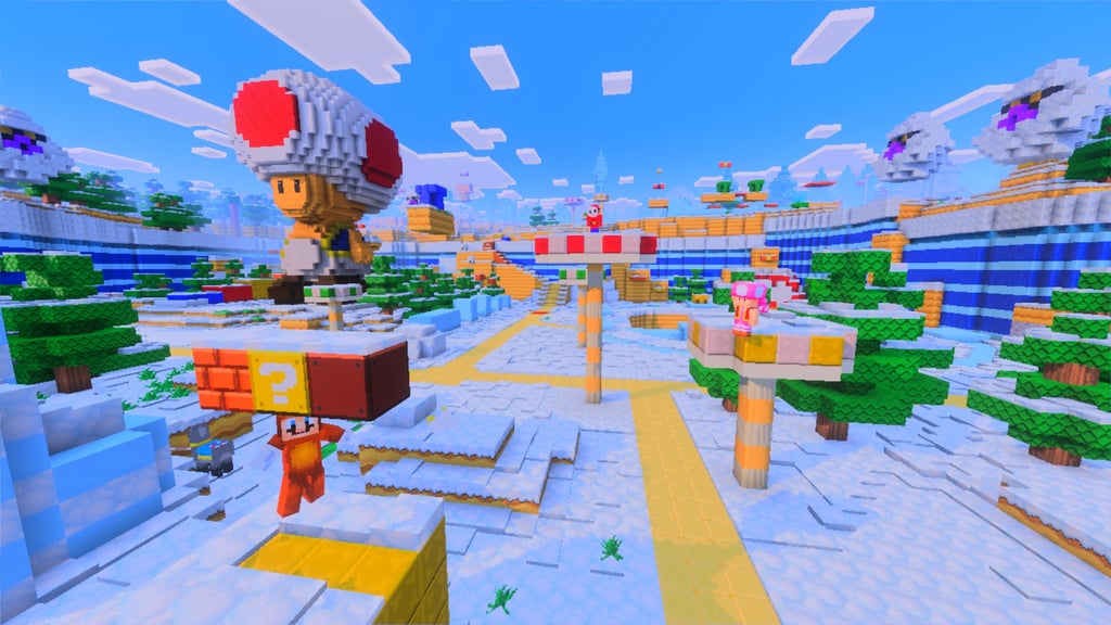 Mario i et snølandskap i Minecraft med en stor Toad-statue og en spørsmålstegnblokk