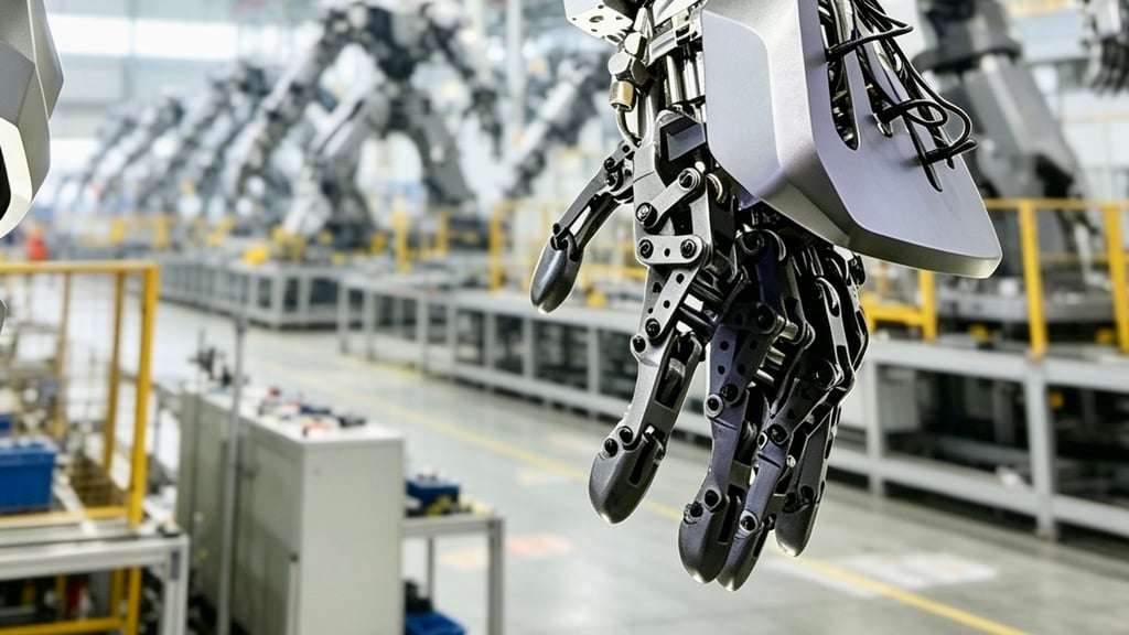 Nærbilde av den mekaniske hånden til roboten Neo1 i en fabrikkhall