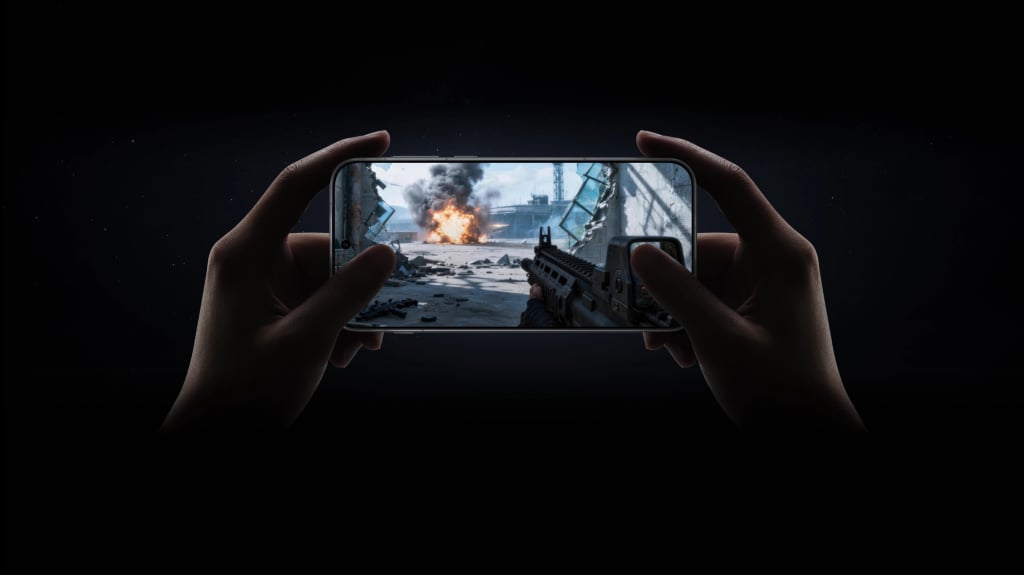 To hender holder OnePlus 16 på tvers og spiller et skytespill
