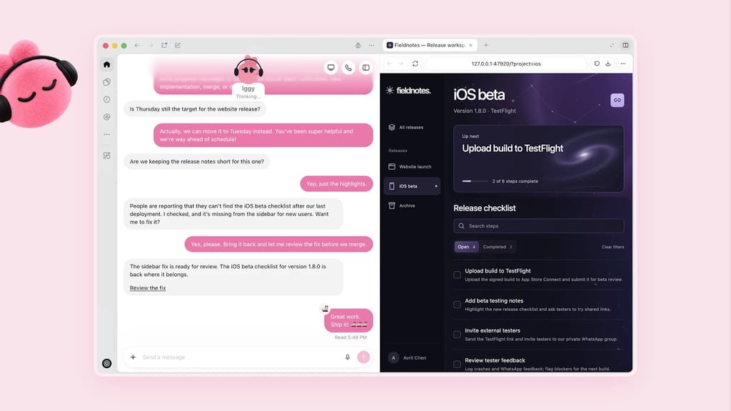 ChatGPT-vindu der en rosa, lodden figur med hodetelefoner har rettet en feil i en app for eieren