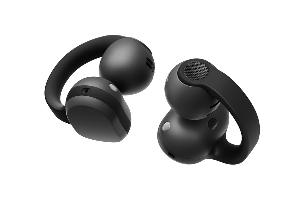 Nærbilde av to sorte Galaxy Buds On-propper, der høyttalergitteret er synlig på den ene kulen