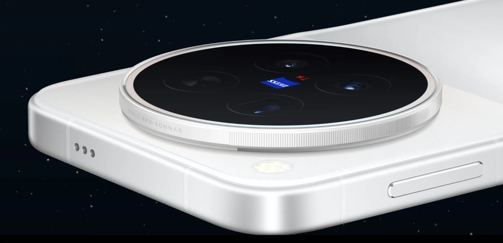 Kameraøyet på en hvit Vivo X500 med Zeiss-logo, mot en mørk stjernehimmel