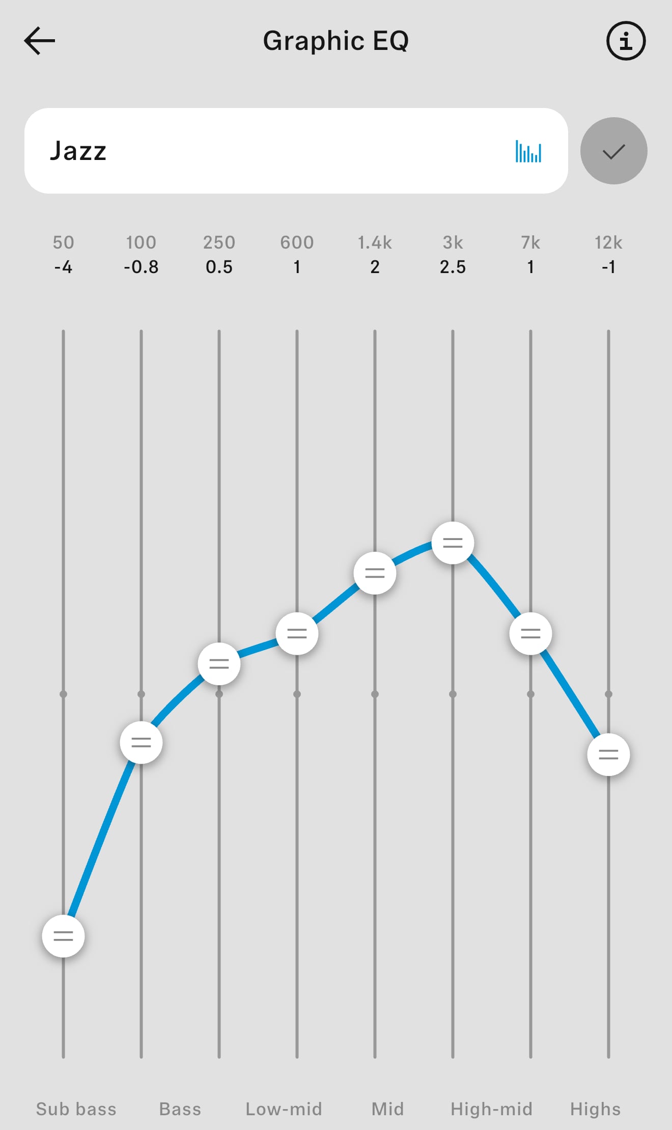 Graphic EQ i Sennheiser-appen med jazz-profilen valgt: sub-bass senket 4 dB, bass senket, mellomtonen løftet