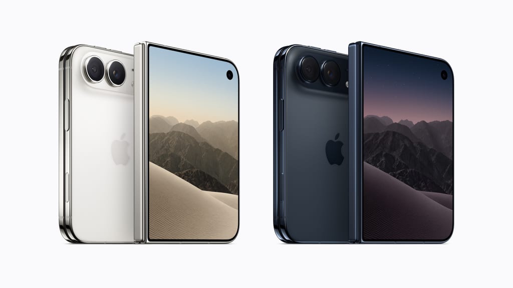 iPhone Duo i hvit og mørkeblå, halvt oppslått, med to kameraer på baksiden og en stor indre skjerm som viser et fjellandskap