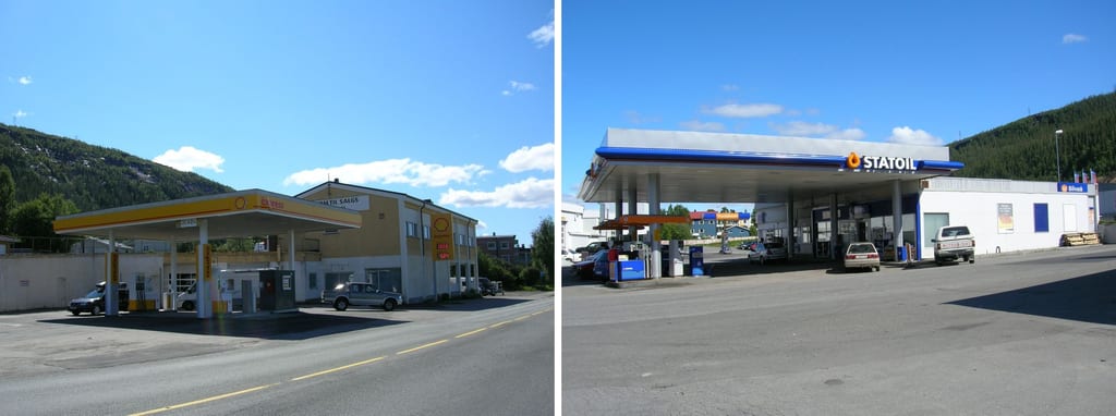 To bilder side om side: En Shell-stasjon og en Statoil-stasjon i Langneset i Mo i Rana, begge med skogkledde åser bak